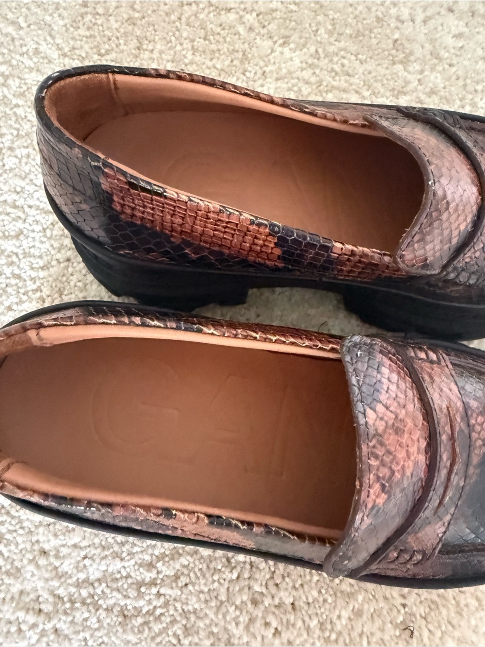 Ganni Loafers Snakeskin Embossed Chunky Platform in Brown Black - Picture 3 of 8